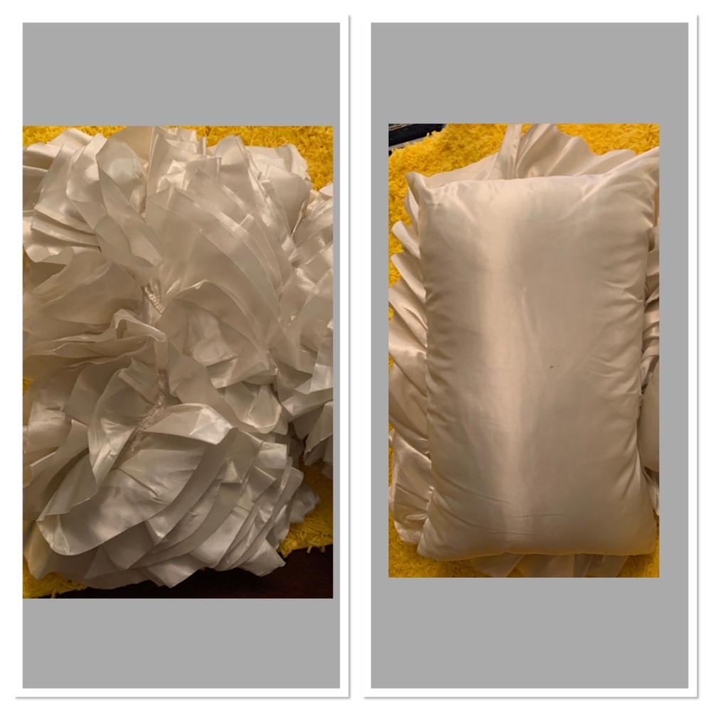 2 cream ruffle accent pillows satin tiny blemish